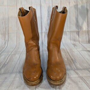 Vintage Tan Leather Safety Toe Pull-On Cowboy Boots with Vibram Soles